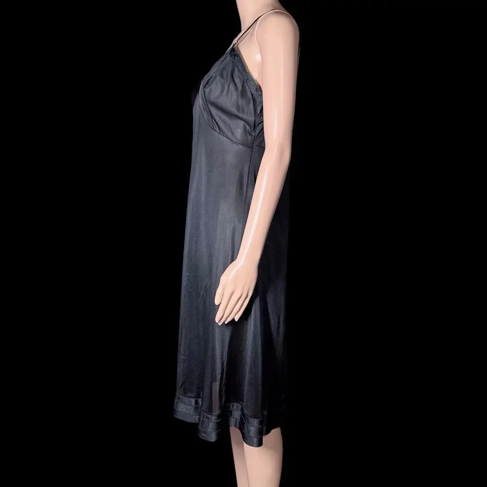 Vtg Black Slip Dress Nightgown Womens 38 Nylon Midi Union Made USA